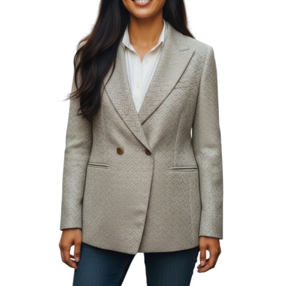 Escada Margaretha Ley Silk And Wool Chevron Blazer In Beige And Blue Sz 42 NWT - Picture 1 of 10